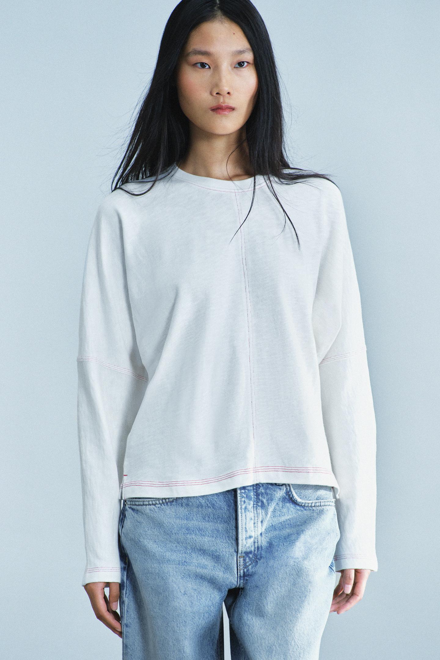 Женская футболка Zara Contrast-Stitch, цвет: Устричный белый — фото 2