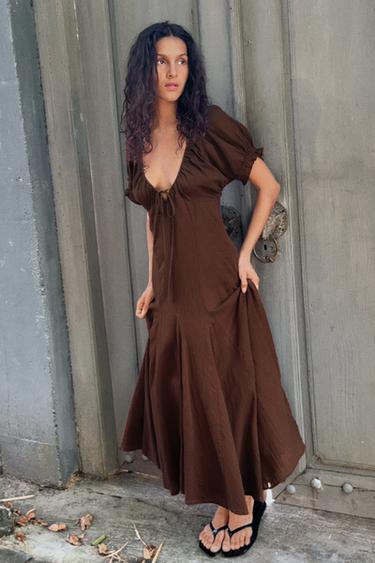 CHIFFON GODET MIDI DRESS - Brown by Zara