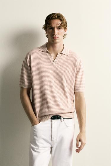 STRIPED JACQUARD KNIT POLO SHIRT - White / Red by Zara