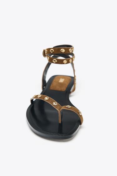 LEATHER STUDDED STRAPPY SANDALS - Brown by Zara - Image 4