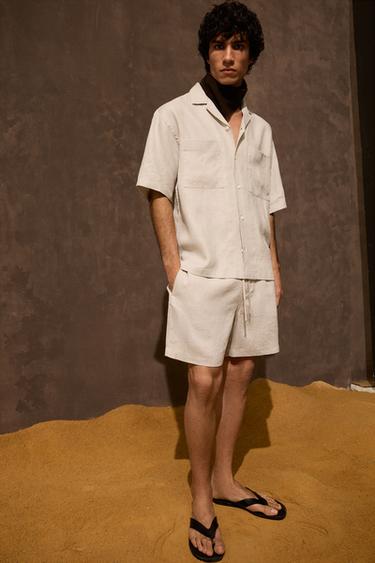 Zara 100% LINEN SHORTS - Beige - Image 0