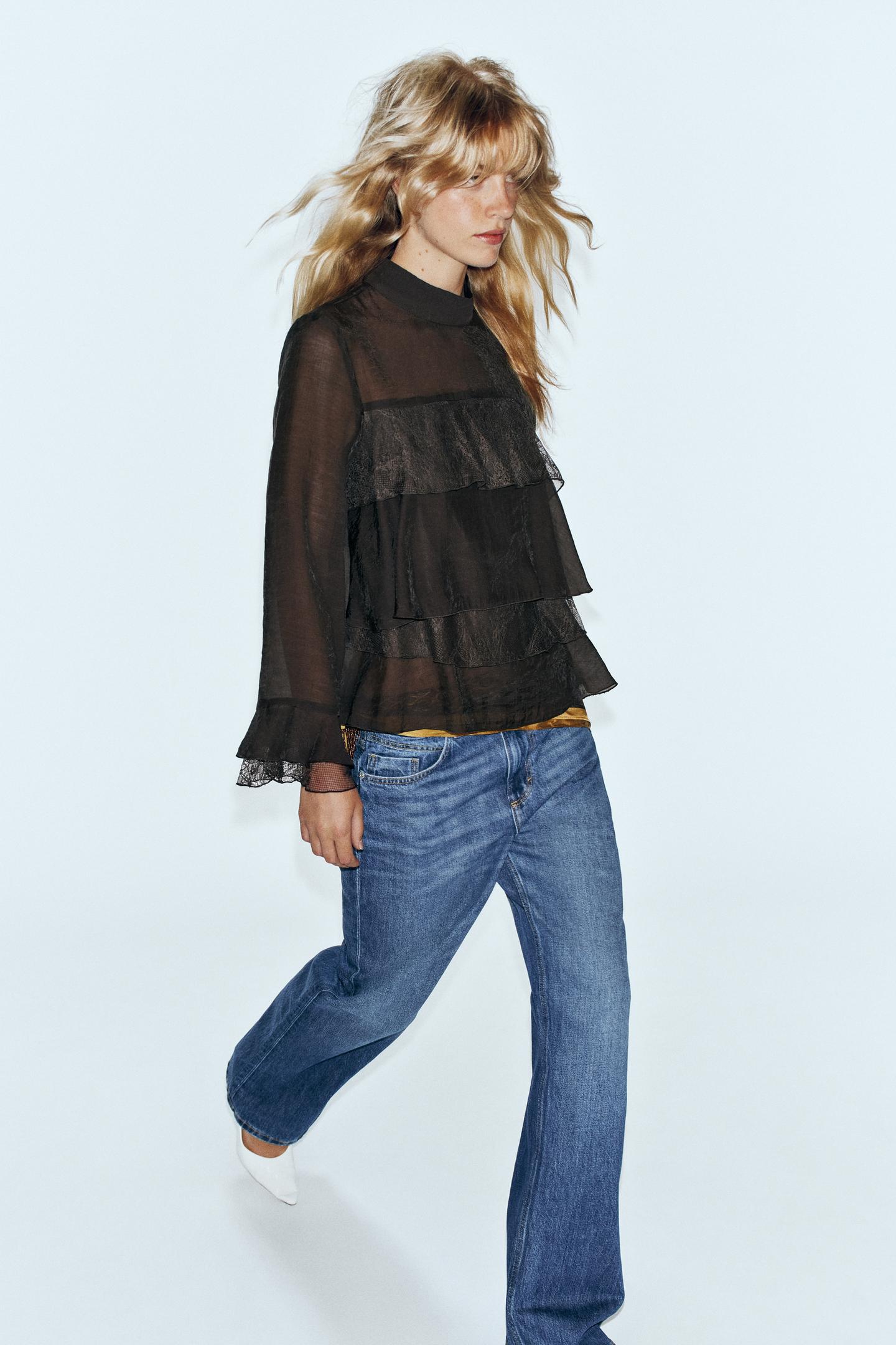Женская рубашка Zara Ruffle and Lace, цвет: Коричневый — фото 2