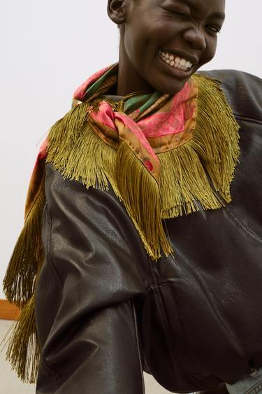 SATIN PRINT SCARF WITH FRINGE - Olive green by Zara - Image 2