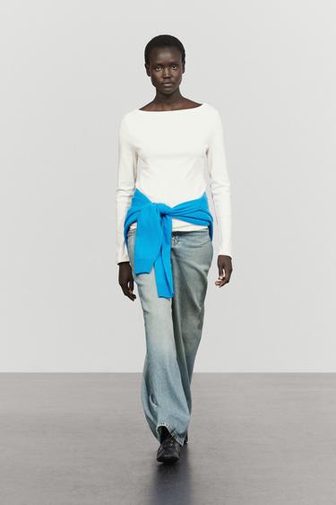 Zara Long Sleeve Boat Neck T-shirt - Ecru - Image 0