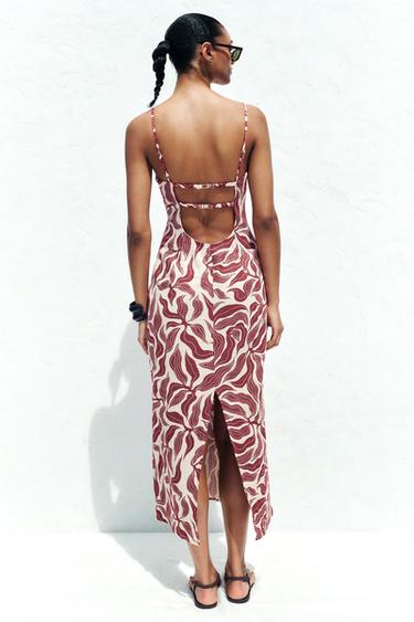 ROBE MIDI RUSTIQUE IMPRIMÉE AVEC LIN - Écru / Grenat de Zara - Image 5