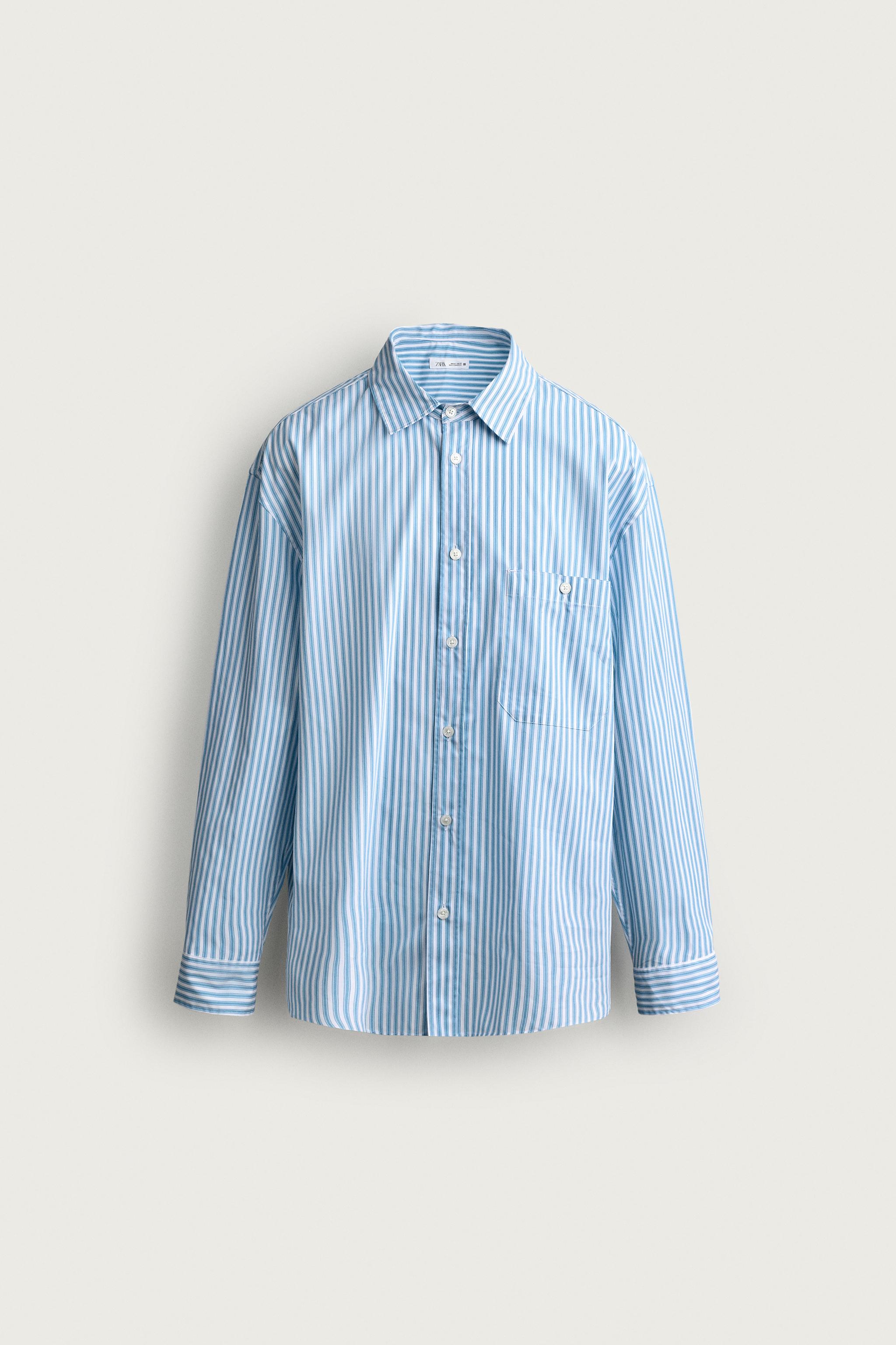 STRIPED BOXY FIT SHIRT — Sky blue
