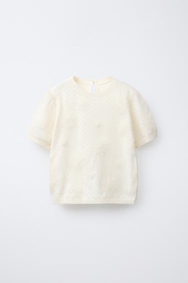 Zara FLORAL TULLE KNIT TOP - Ecru