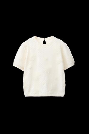 GESTRICKTES T-SHIRT MIT TÜLL UND BLUMEN - Cremefarben von Zara - Bild 0