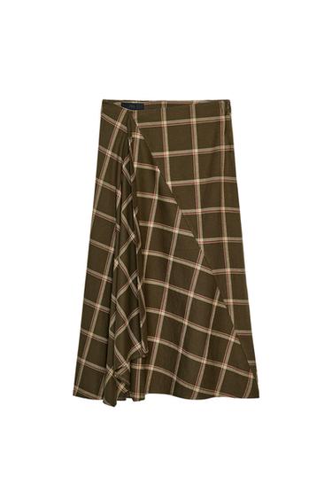 RUFFLE CHECK MIDI SKIRT - Khaki by Zara