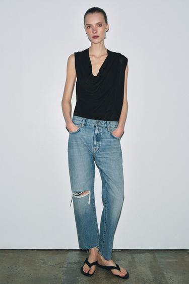 JEAN ZW COLLECTION DROIT TAILLE MOYENNE DÉCHIRÉ - Bleu de Zara