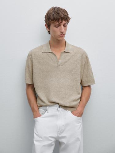 Zara Linen and cotton knit polo shirt - Stone
