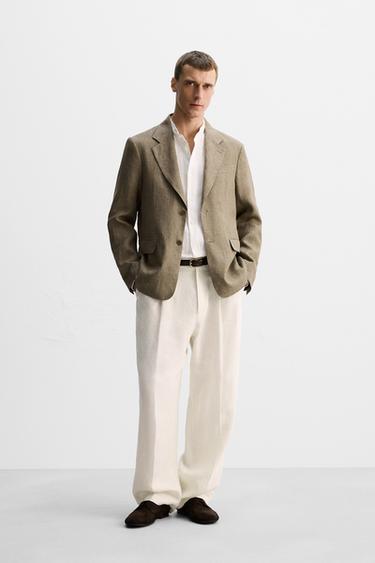 100% LINEN SUIT BLAZER - camel by Zara