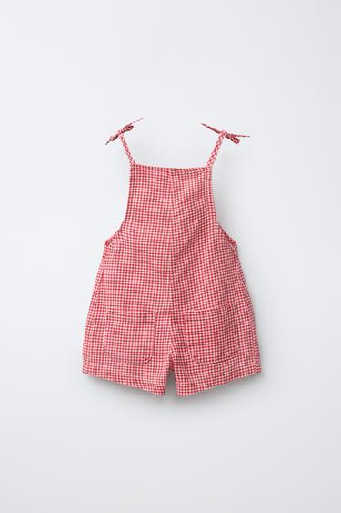 깅엄 체크 트윌 미니 점프수트 - Zara 레드