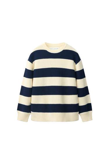 Zara STRIPED PURL KNIT JUMPER - Ecru / Navy