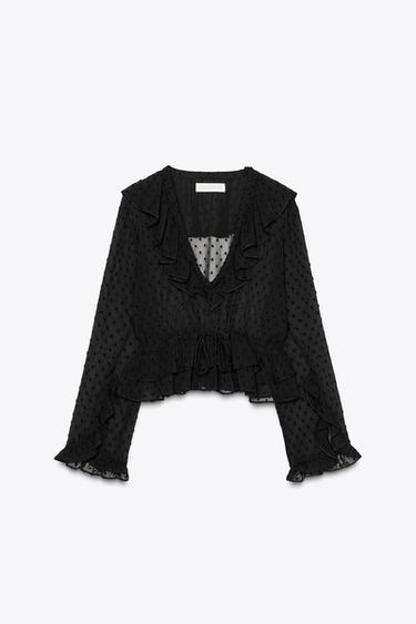 Zara SWISS DOT RUFFLED BLOUSE - Black
