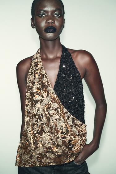 HALTER TOP WITH COMBINED SEQUINS - Gold by Zara