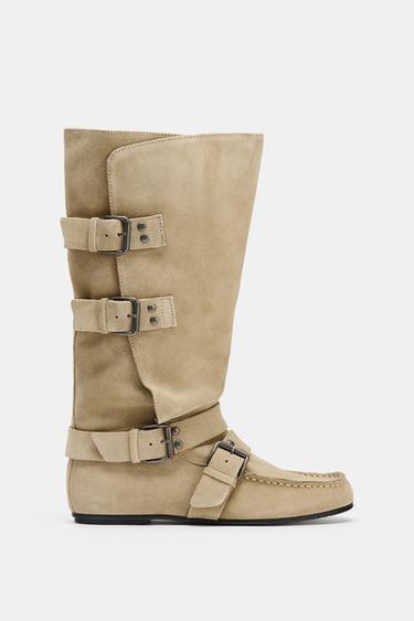 BUCKLED SPLIT SUEDE BOOTS - Sand Brown by Zara