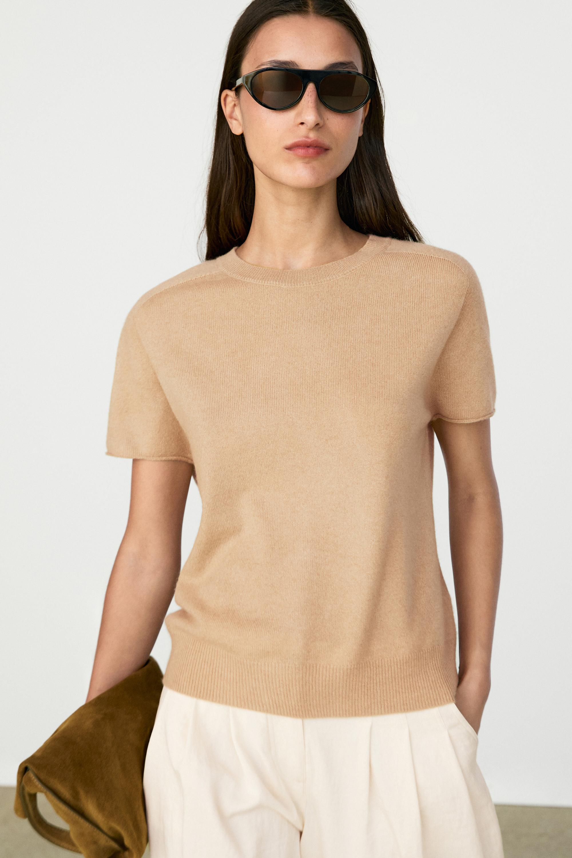 100% cashmere short sleeve knit sweater — Dark mink