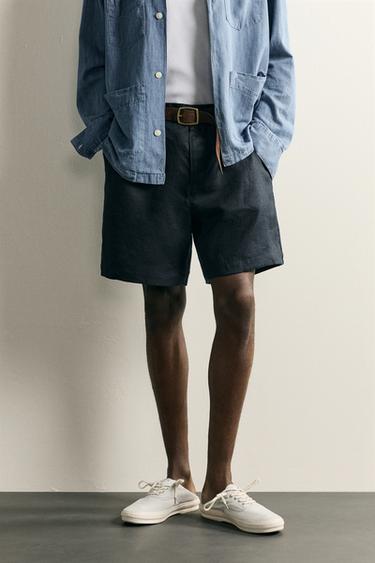 100% LINEN REGULAR FIT BERMUDA SHORTS - Navy blue by Zara