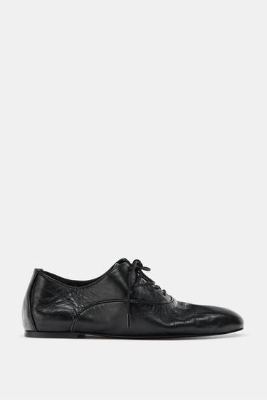 FLAT LEATHER LACE-UP SHOES - Black by Zara