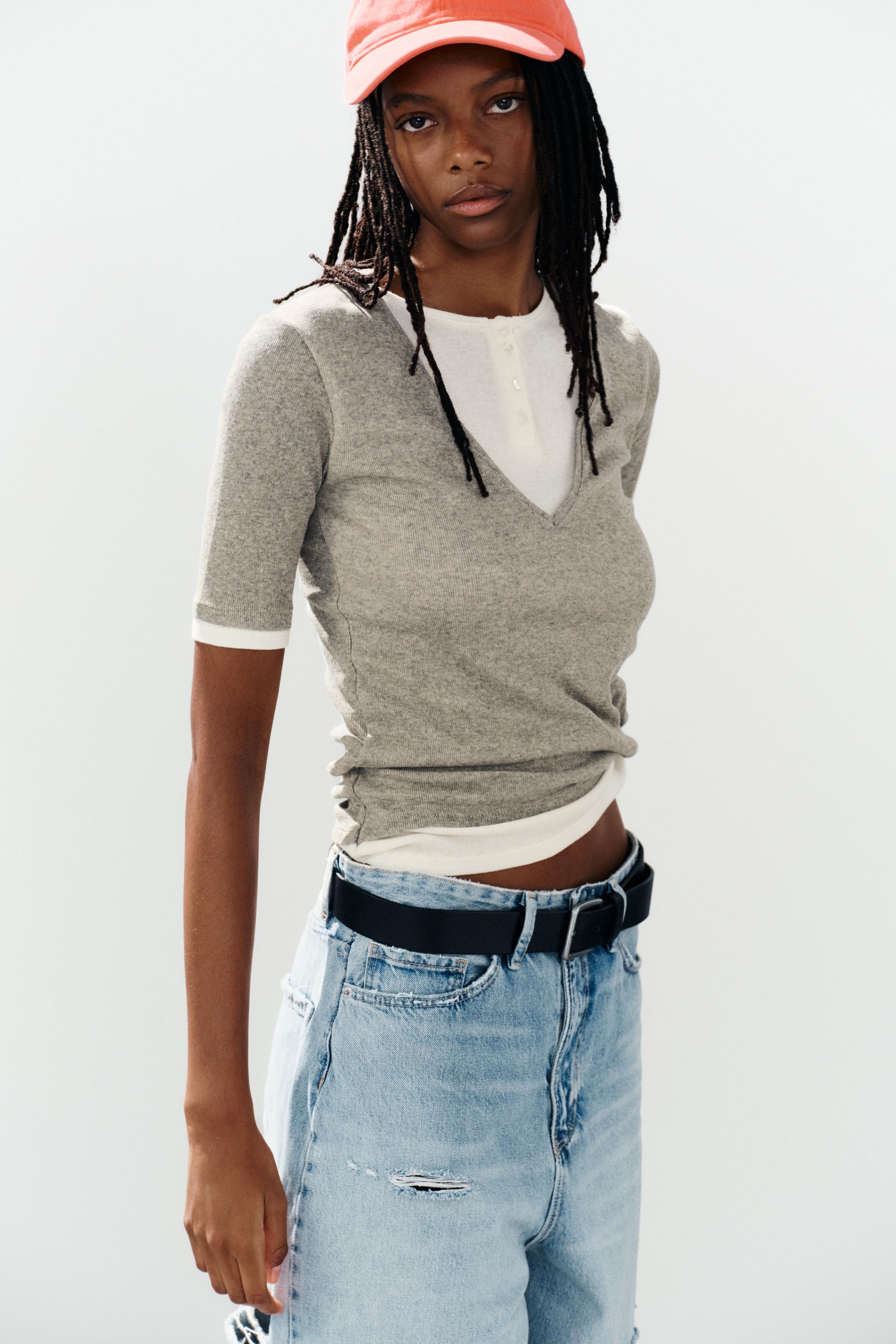 DOUBLE-LAYERED HENLEY TOP — Mink marl