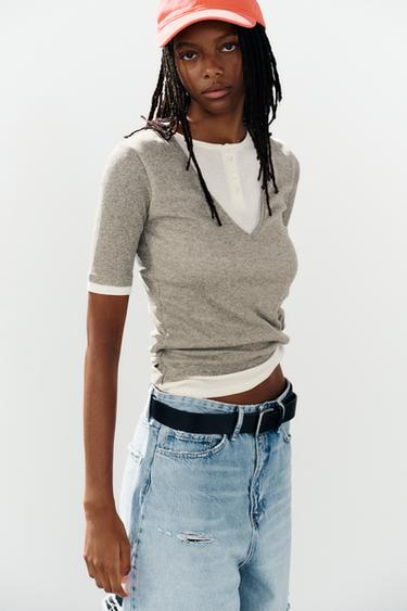 DOUBLE-LAYERED HENLEY TOP — Mink marl 2