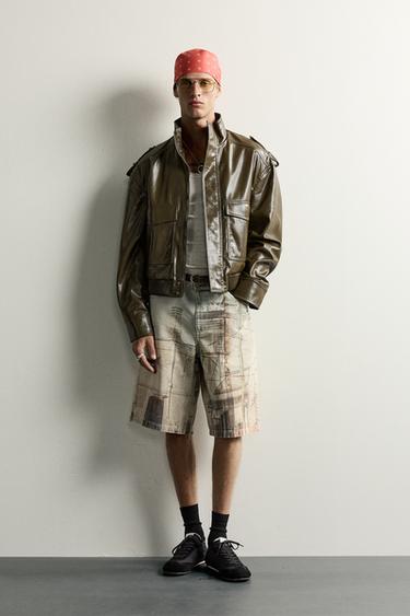 CAZADORA CROPPED FIT EFECTO PIEL - Oliva de Zara - Imagen 0