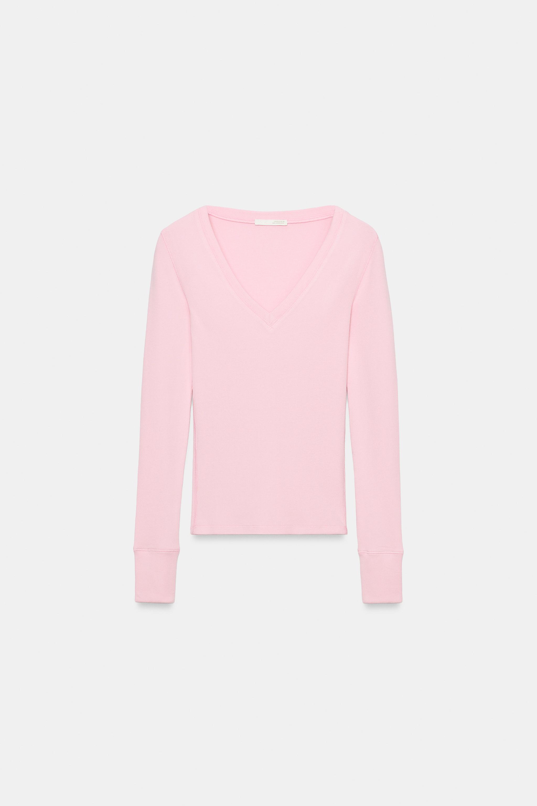Long-Sleeve Ribbed T-Shirt — Pink