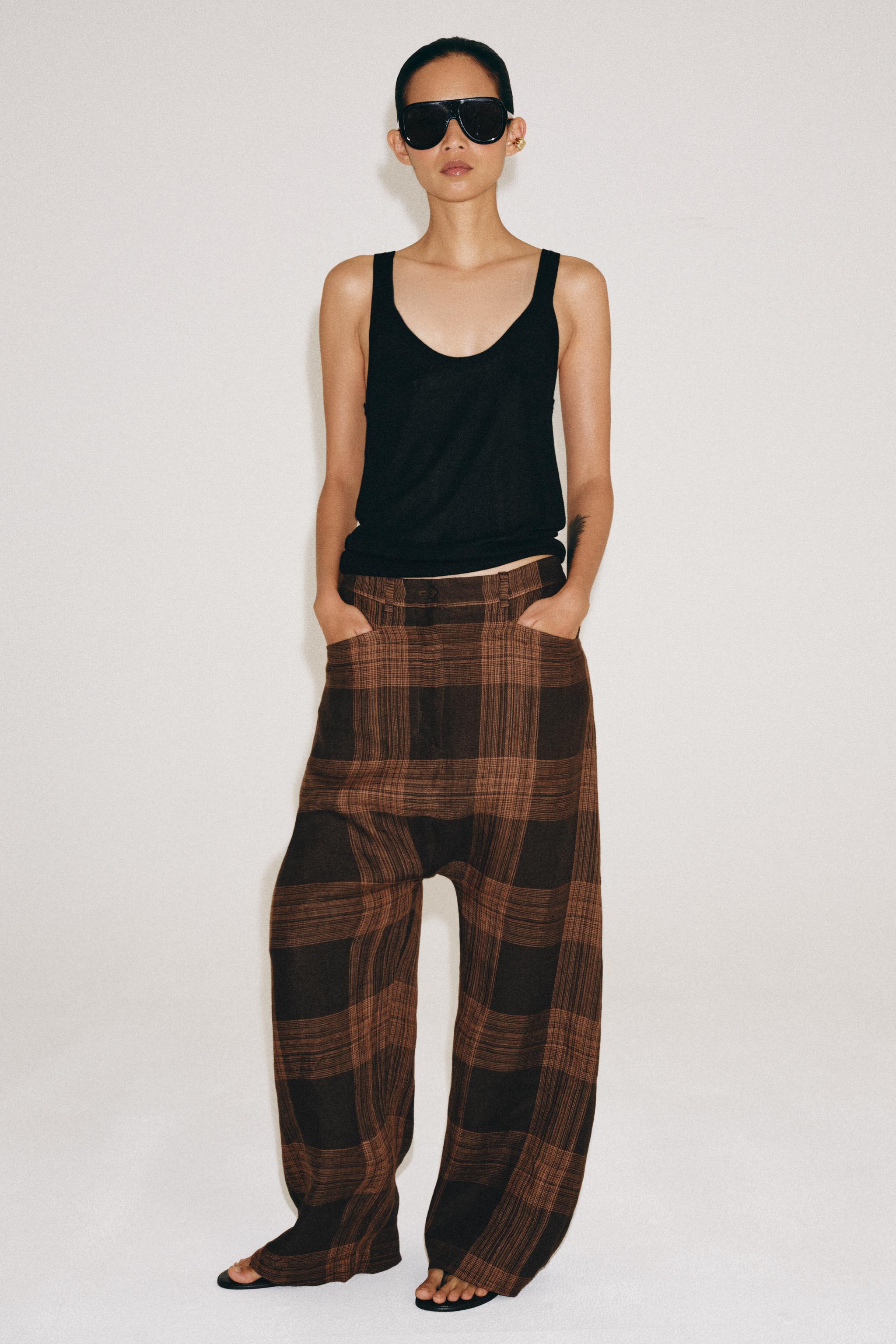 ZW COLLECTION CHECKED LINEN TROUSERS — Brown