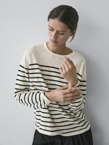 Zara Cotton blend striped long sleeve T-shirt - Ecru