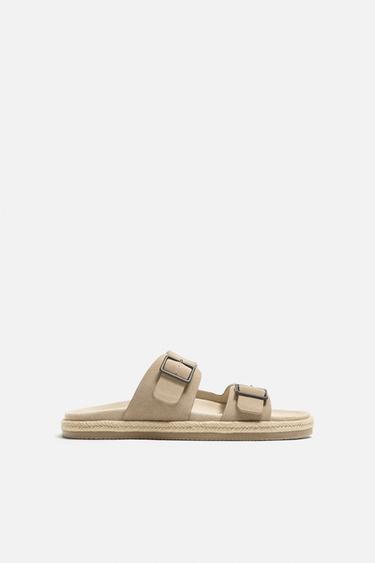 Zara DOUBLE STRAP LEATHER SANDALS - Sandy Brown