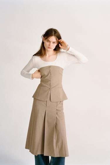 FALDA MIDI CUADROS TABLAS - Beige-marro de Zara - Imagen 0