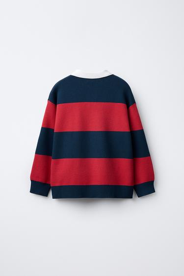 STRIPED VARSITY KNIT POLO SWEATER - Red by Zara - Image 1
