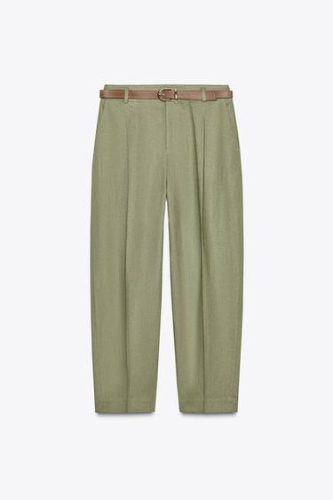 GERADE LEINENHOSE MIT GÜRTEL - Helles Khaki von Zara