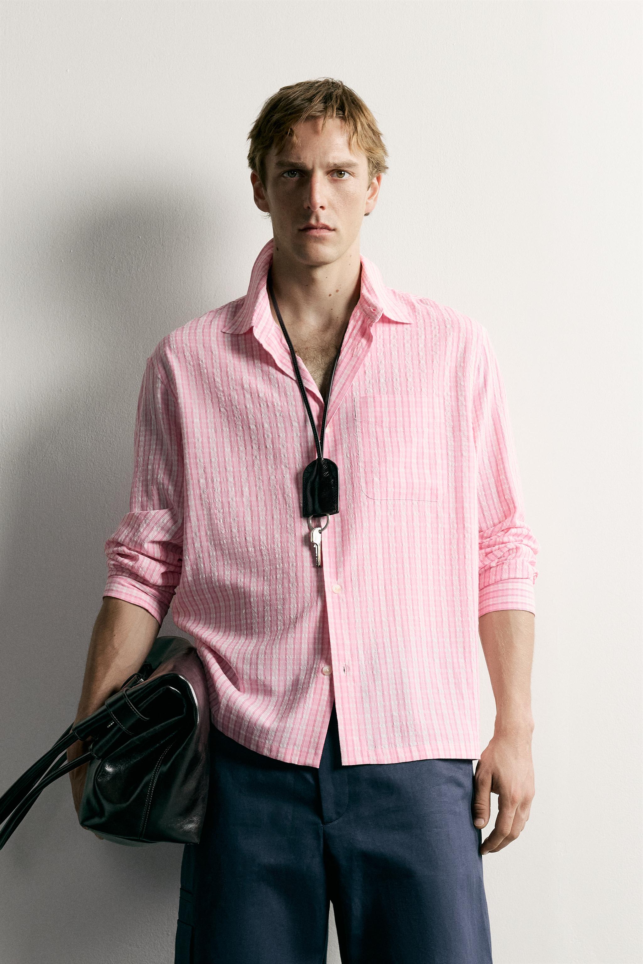 TEXTURED PLAID RELAXED FIT SHIRT — Pink