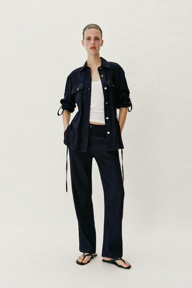 CREASED-EFFECT SAFARI SHIRT WITH BELT - Navy blue by Zara