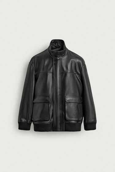 Zara ORIGINS RELAXED FIT NAPPA LEATHER JACKET - Black