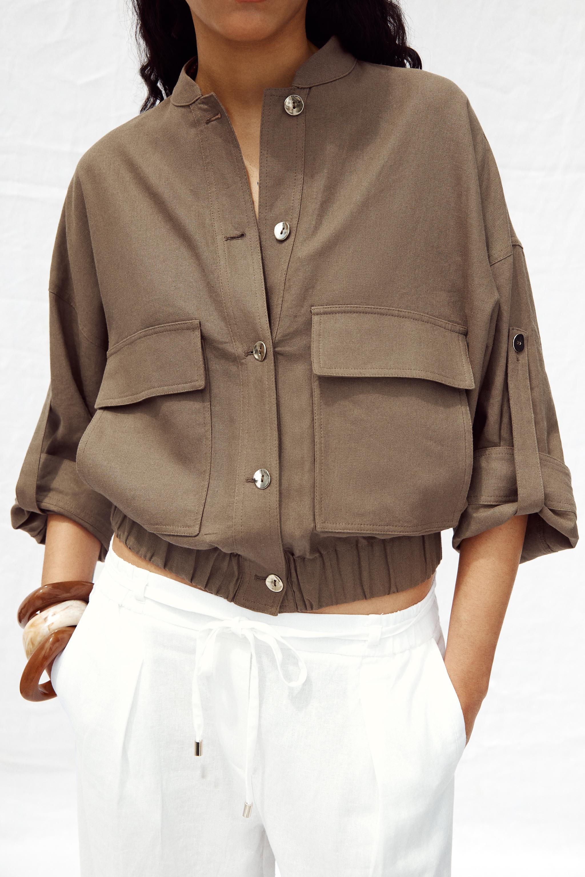 スペイン発送 ZARA リネン素材のワイドスリーブジャケット 新作 リネン ショートスリーブ ジャケット - インディゴブルー | ZARA