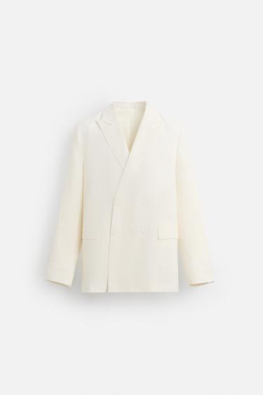 Zara 100% LINEN DOUBLE BREASTED BLAZER - White
