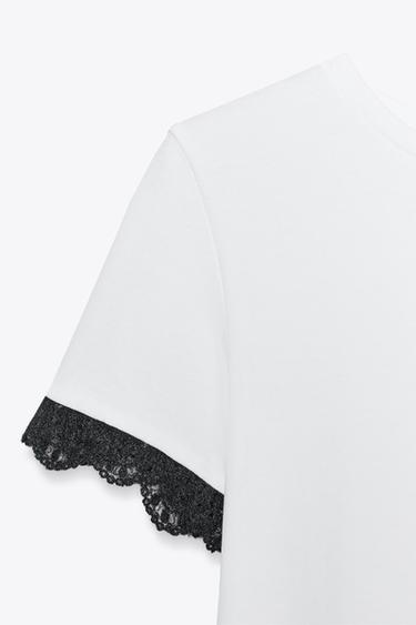 T-SHIRT DENTELLE MANCHES - Blanc / Noir de Zara - Image 6