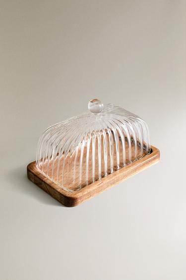 BOROSILICATE GLASS AND WOOD BUTTER DISH — Transparent 2