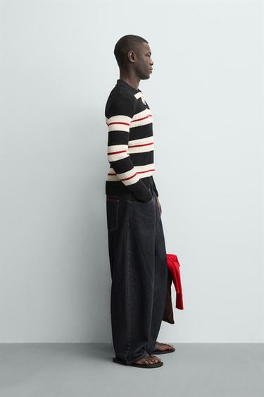 STRIPED JACQUARD KNIT POLO SHIRT - Black by Zara - Image 3