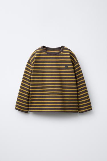 WOVEN STRIPED T-SHIRT WITH EMBROIDERED HEART - Mid-yellow by Zara