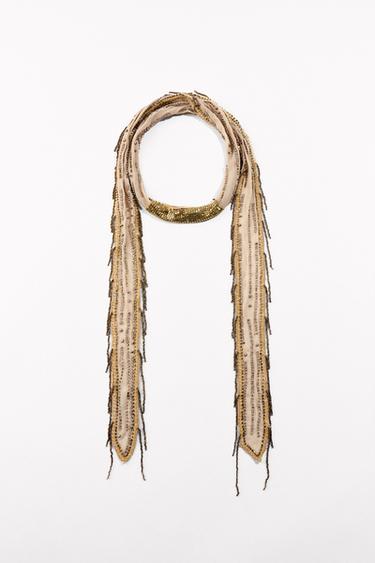 FINE BEADED SCARF - Beige by Zara