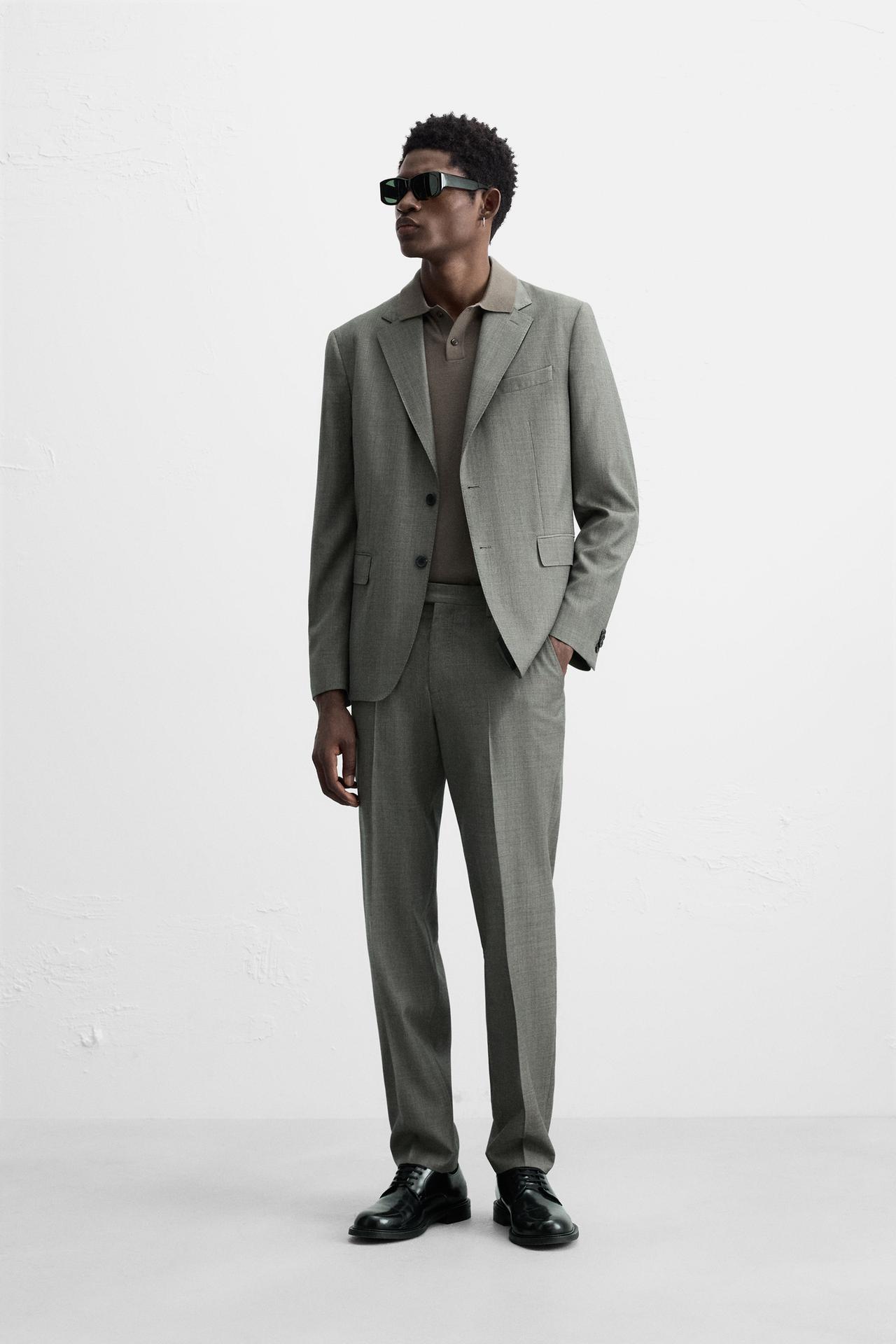 100% WOOL TEXTURED SUIT BLAZER - Grey / Tan by Zara
