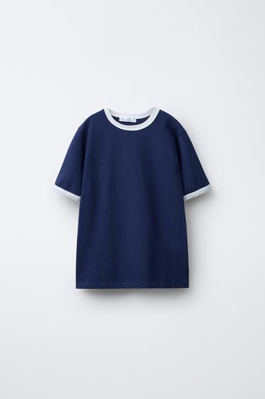 Zara CONTRAST COLLAR T-SHIRT - Navy blue