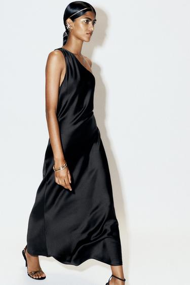 ASYMMETRIC SATIN MIDI DRESS - Black by Zara