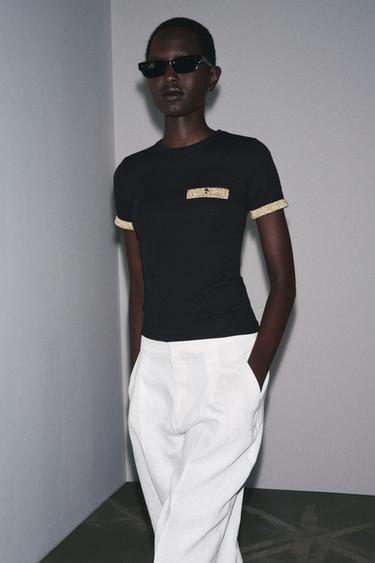 Zara METALLIC THREAD T-SHIRT - Black - Image 0