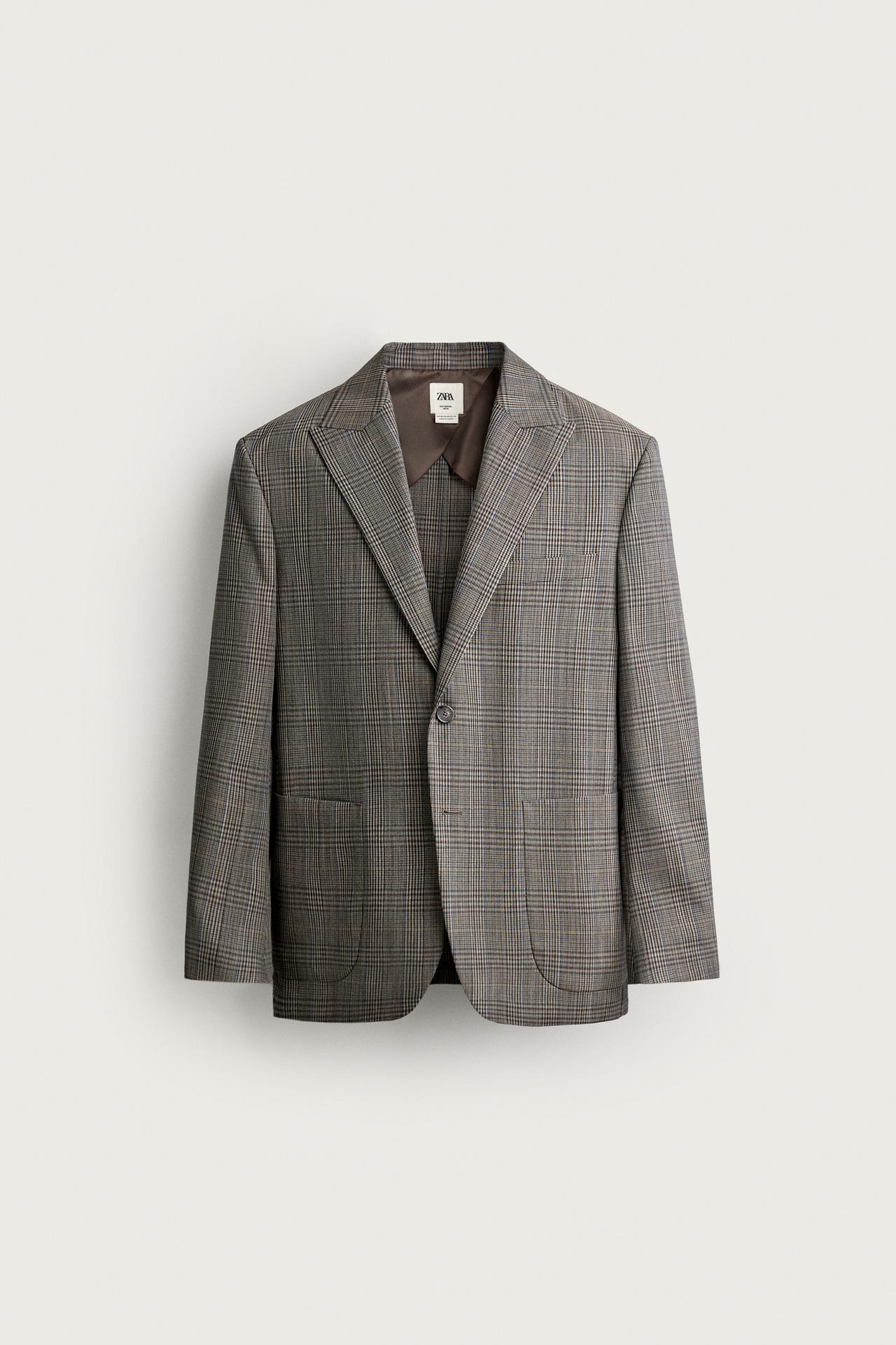 100% WOOL RELAXED FIT PLAID BLAZER — Brown