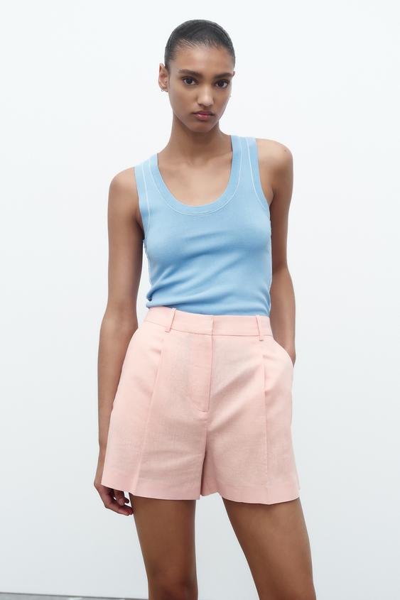 LINEN BLEND HIGH-WAIST BERMUDA SHORTS - Pink | ZARA Singapore